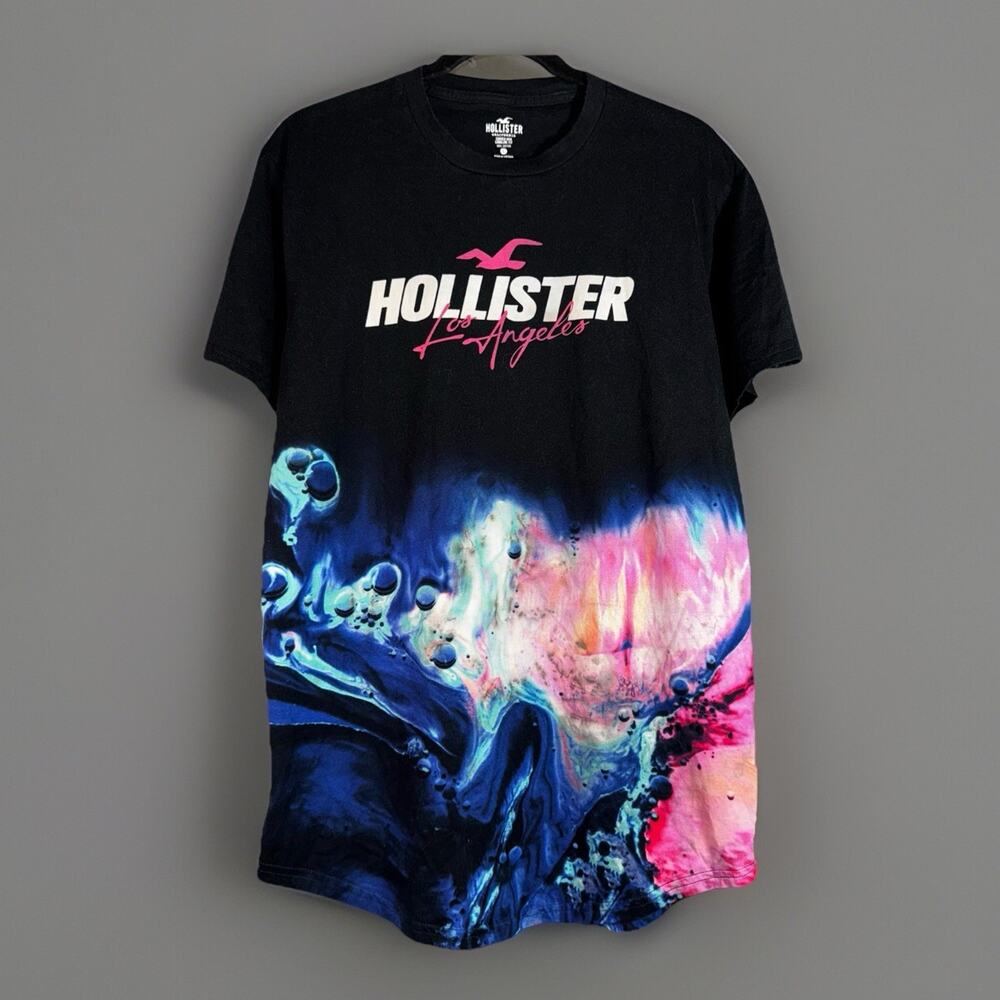 Hollister Black Rainbow Oil Slick Mens LG Long Skater Surf T-shirt Spell Out Tee